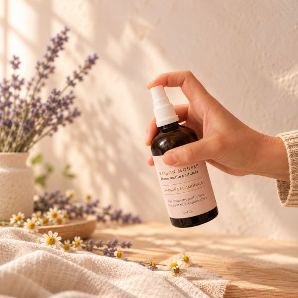 Une main vaporise de la brume textile lavande et camomille sur un tissu de couleur rosé, entouré de brins de lavande et de camomille