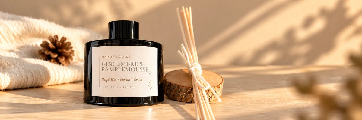 Diffuseur de parfum à tiges de bambou sur une surface plane exposé au soleil maison mousse