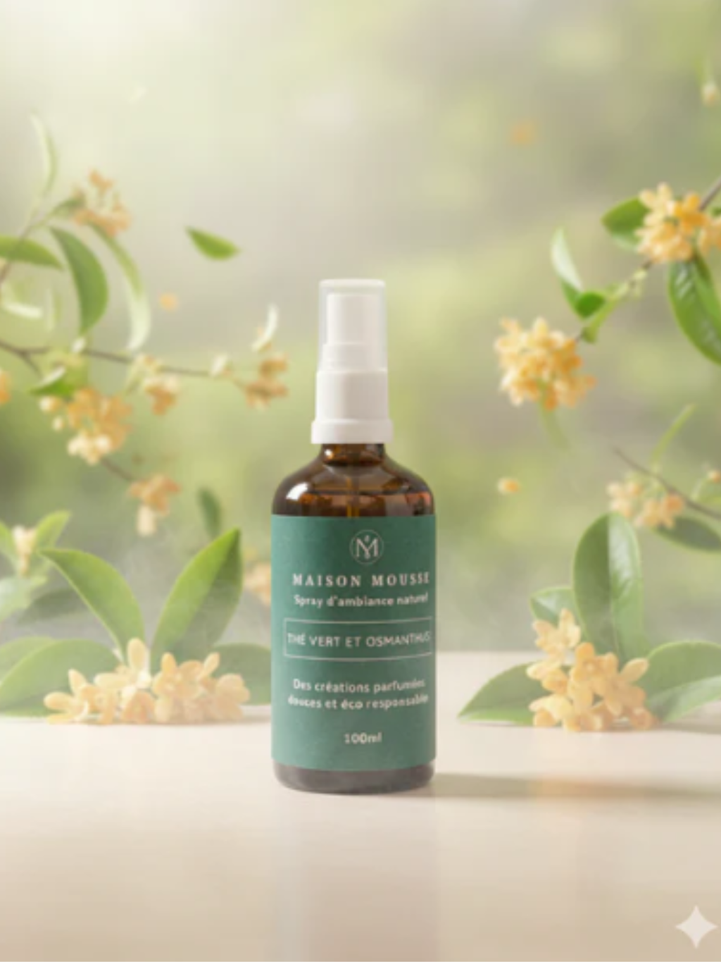 Spray d'ambiance sans alcool, Thé vert et Osmanthus