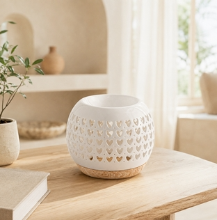 Brûle-parfum cœur en céramique blanche ajourée sur une table en bois près d’une fenêtre
