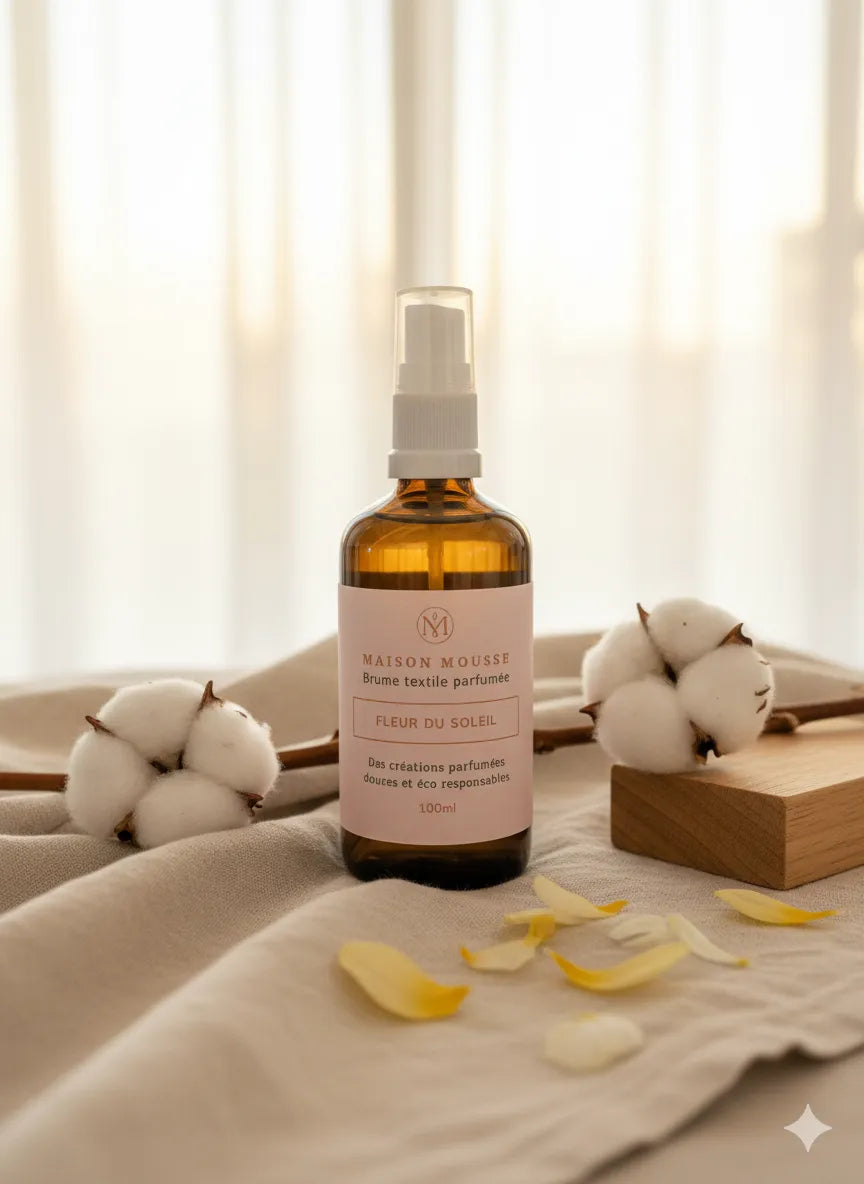 Une brume textile fleur du soleil est posée sur un tissu en lin beige avec des fleurs de coton à côté et quelques pétales jaune devant