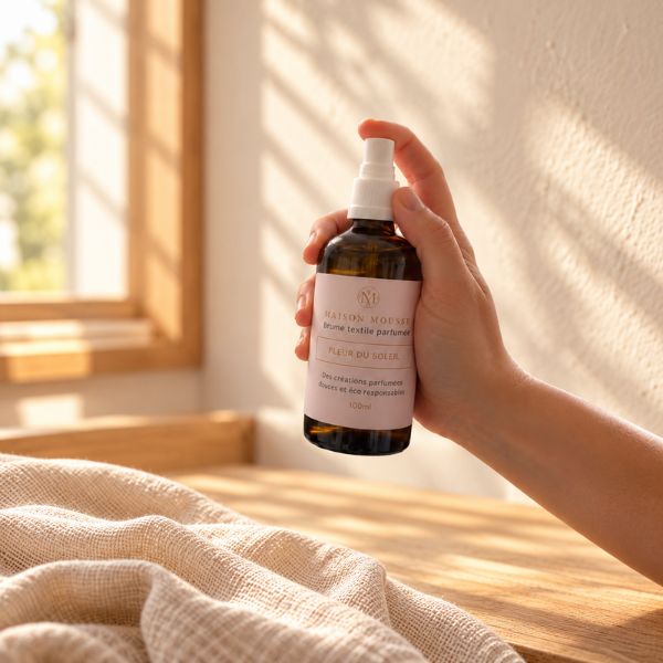 Une main vaporise une brume textile sans alcool fleur du soleil sur un tissu doux avec un éclairage naturel et ensoleillé maison mousse